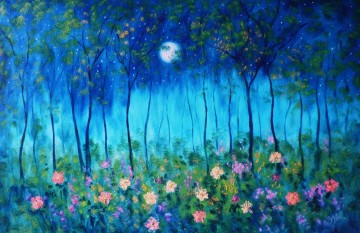 luna azul bosque flores jardín decoración paisaje pared arte naturaleza paisaje Pinturas al óleo